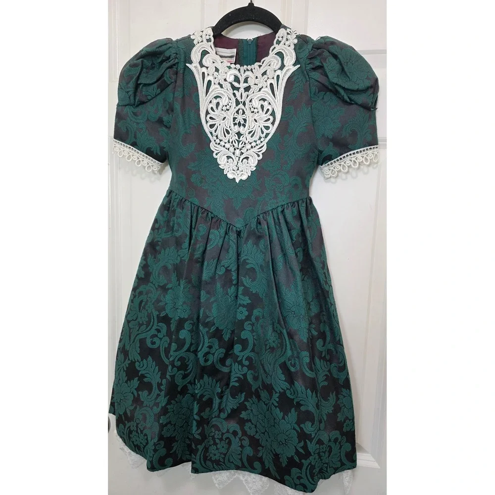 VTG Jessica McClintock Y2k Bridal Dress Girls 6 Green Damask Lace‎ Holiday Party